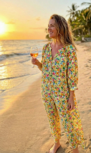 Yellow Sunset Floral Long Pants Suit