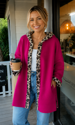 Pink Leopard Trim Hooded Coat