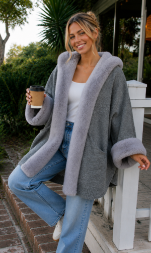 Grey Faux Fur Trim Coat