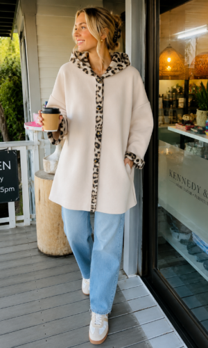 Beige Leopard Trim Hooded Coat